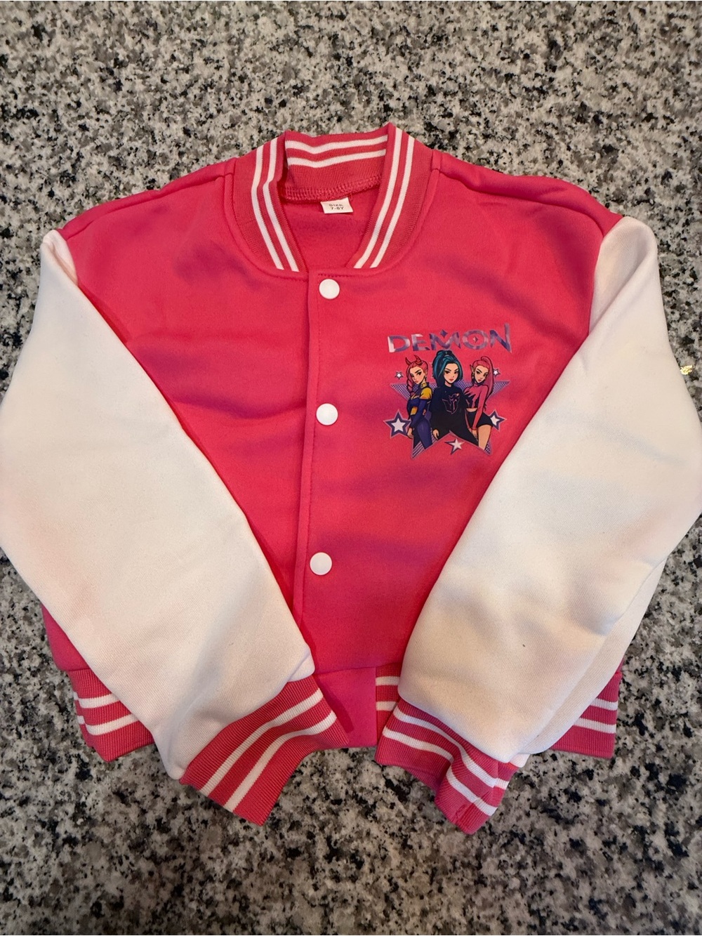 Source Unknown Pink and White Kids Varsity Jacket with K-pop Demon Graphic